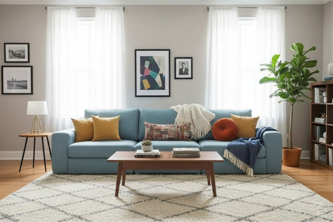 Ein Sofa mit Teppichen, Decken und Kissen stilvoll gestalten