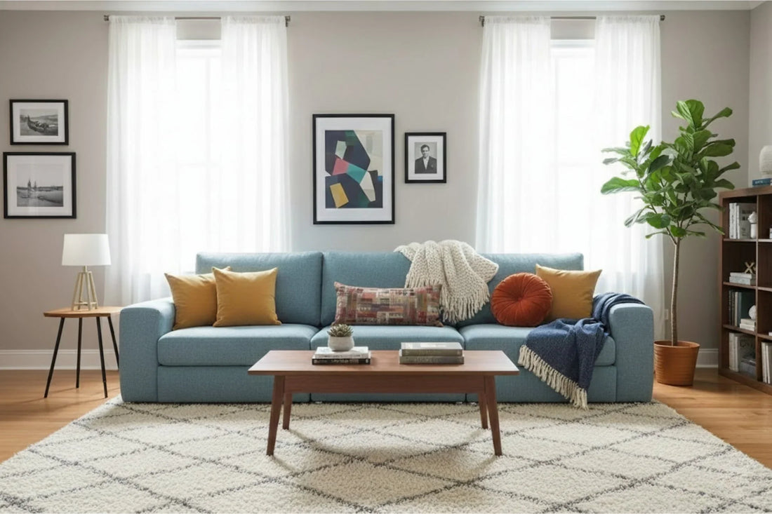 Ein Sofa mit Teppichen, Decken und Kissen stilvoll gestalten