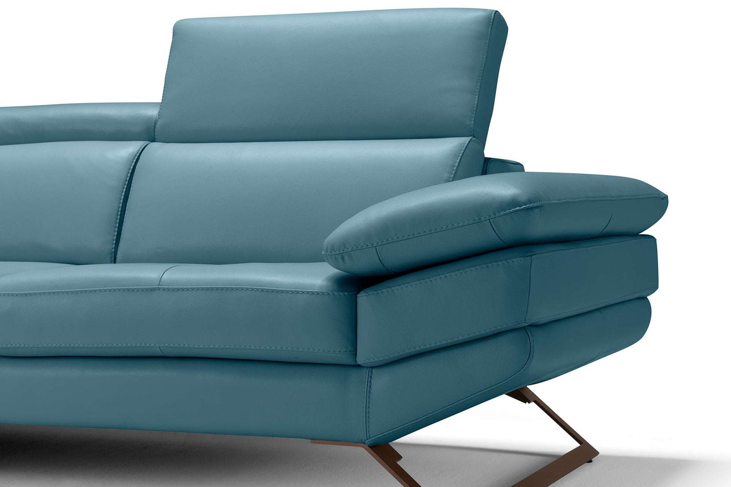 Aquamarinfarbenes Hamburg Leder-Ecksofa mit verstellbaren Kopfstützen und Metallbasis